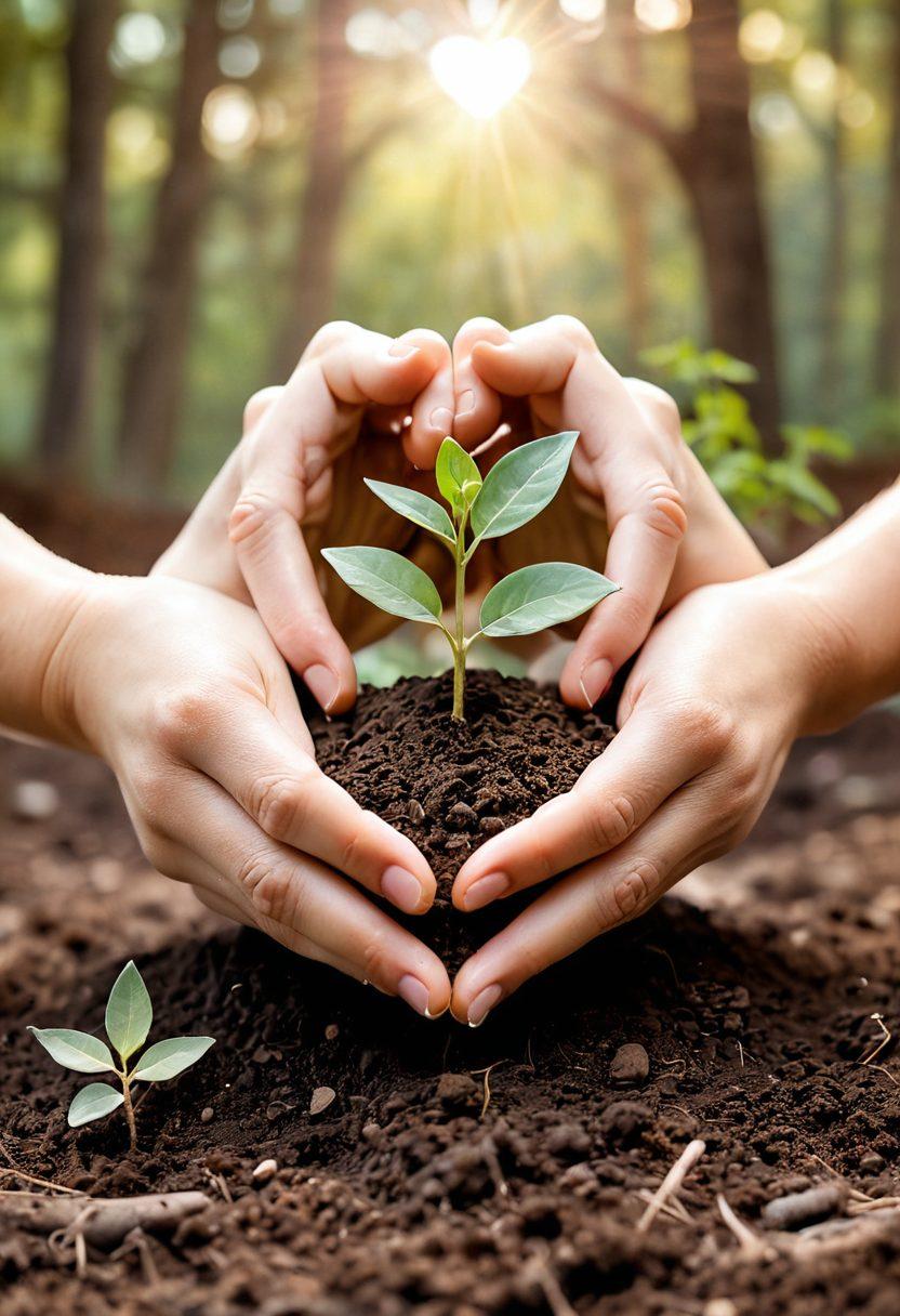A warm, cozy scene depicting two hands gently planting a small seedling in rich soil, symbolizing the nurturing of affection. In the background, soft pastel colors create a serene atmosphere, with heart-shaped leaves emerging around the hands, representing growth in connection. Gentle sunlight filters through the trees, illuminating the scene. Illustrated with a soft, watercolor style, conveying warmth and intimacy.