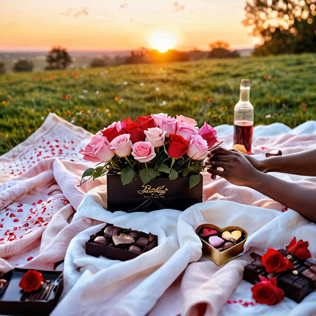 A dreamy sunset setting, with two hands intertwined, surrounded by soft blooming flowers symbolizing love. Add romantic elements like a picnic blanket with a heart-shaped box of chocolates, and scattered rose petals. Capture a warm glow that highlights the intimacy of the moment, invoking feelings of passion and connection. super-realistic. vibrant colors. soft focus.