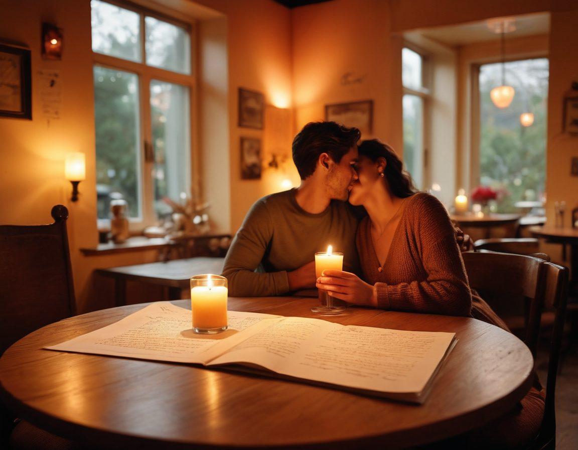 A tender scene depicting a couple in a cozy, candle-lit café, sharing a laugh over coffee, surrounded by soft, warm lighting and romantic decor. In the foreground, a heart-shaped love note rests on the table, symbolizing courtship, while in the background, a faint image of a wedding ring hints at commitment. The atmosphere should feel warm and inviting, evoking feelings of love and connection. super-realistic. vibrant colors. warm tones.